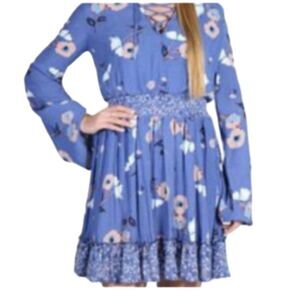 Shyanne Dress Women's Small Blue Floral Long Sleeve Western Belle Tassel Ties